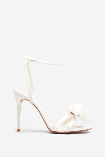 Sweet Step Ivory Satin Strappy Heeled Sandals With Flowers